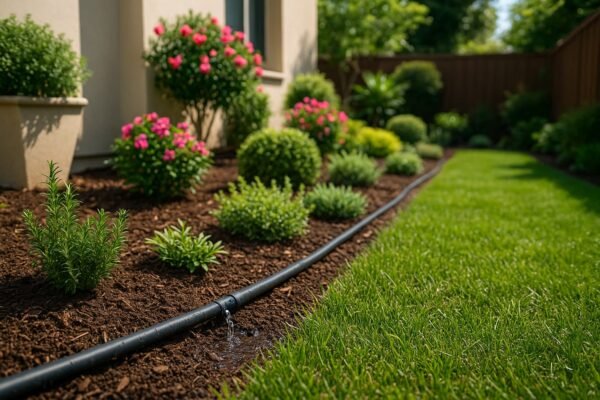 أنابيب ري بالتنقيط داخل حديقة منزلية