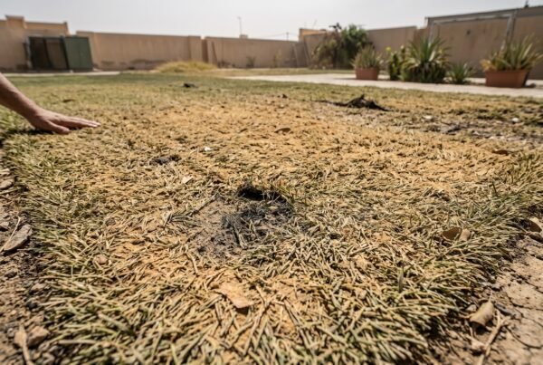 شعيرات ثيل صناعي مسطحة ومغطاة بالغبار والرمال بسبب الحرارة المرتفعة والعواصف