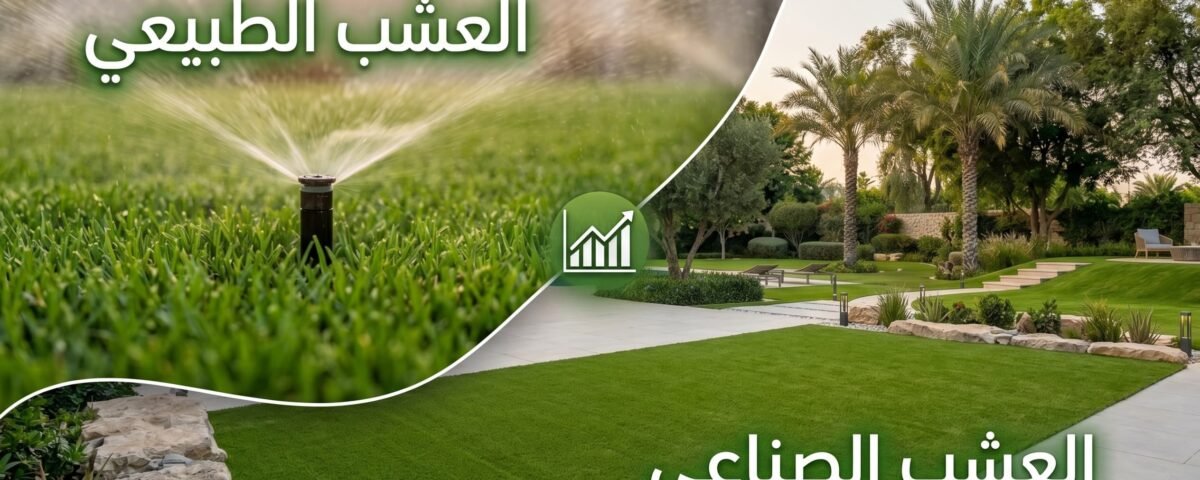 مقارنة مرئية بين العشب الطبيعي بنظام ري وعشب صناعي في حديقة منزلية تحت إضاءة الغروب