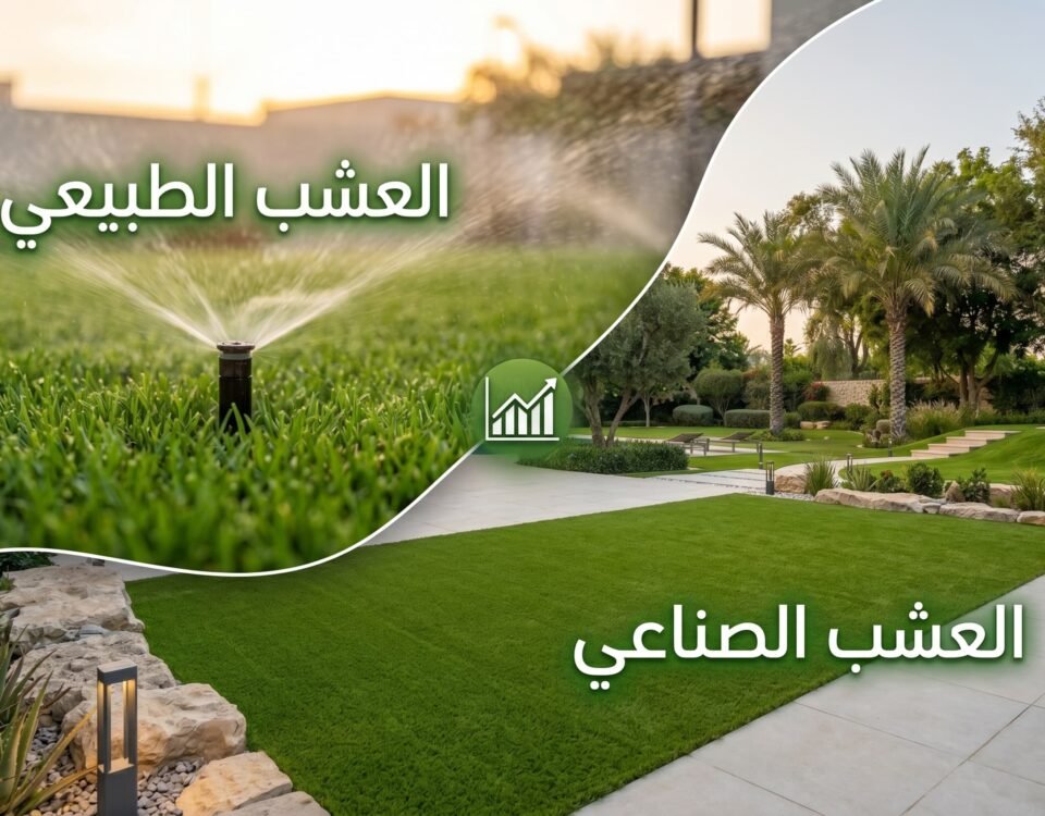 مقارنة مرئية بين العشب الطبيعي بنظام ري وعشب صناعي في حديقة منزلية تحت إضاءة الغروب