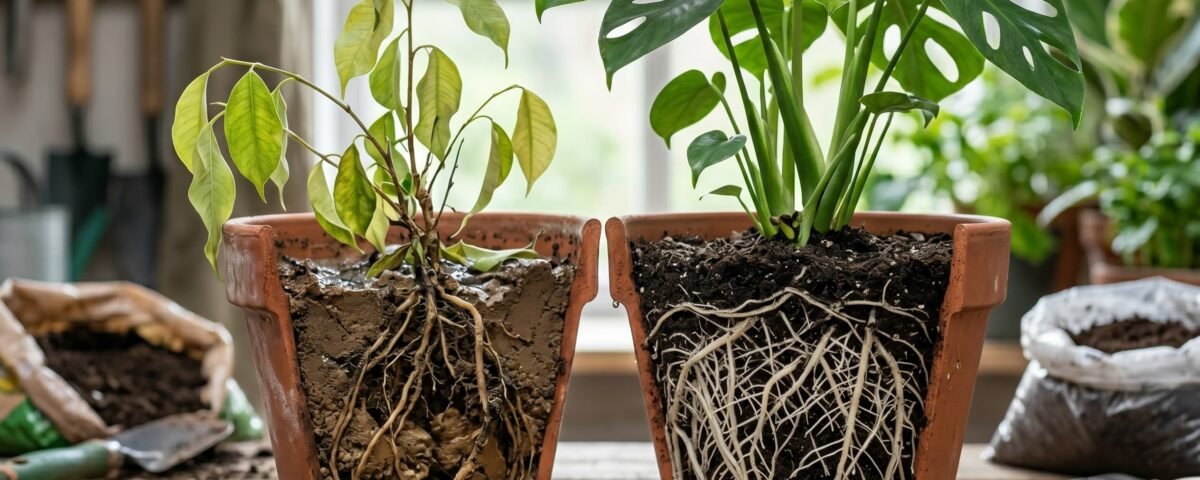 أسباب تعفن جذور النباتات نبات صحي بجذور بيضاء ونبات ذابل بجذور متعفنة وتالفة